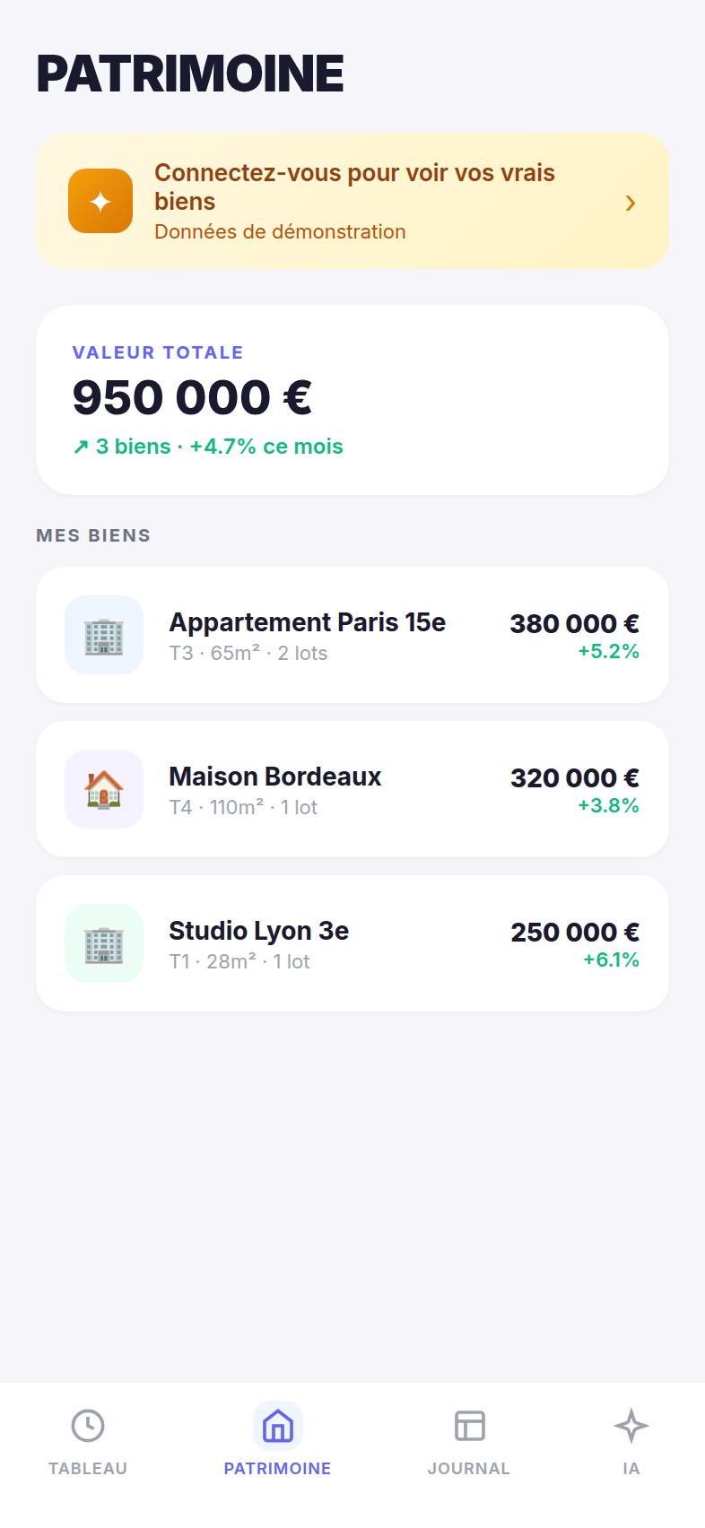 Vue patrimoine Klivio : liste des biens immobiliers et détail des lots