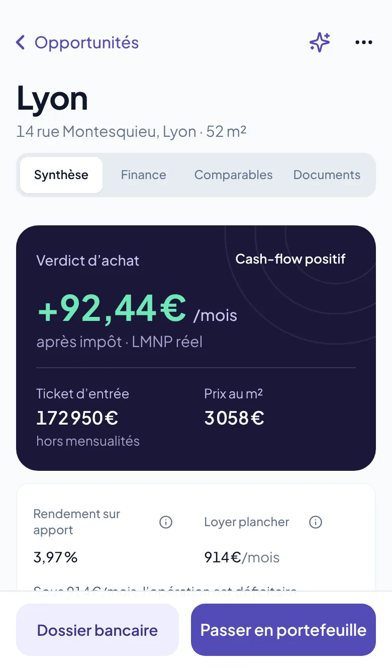 Fiche d'une opportunité avec le verdict d'achat et le cash-flow après impôt